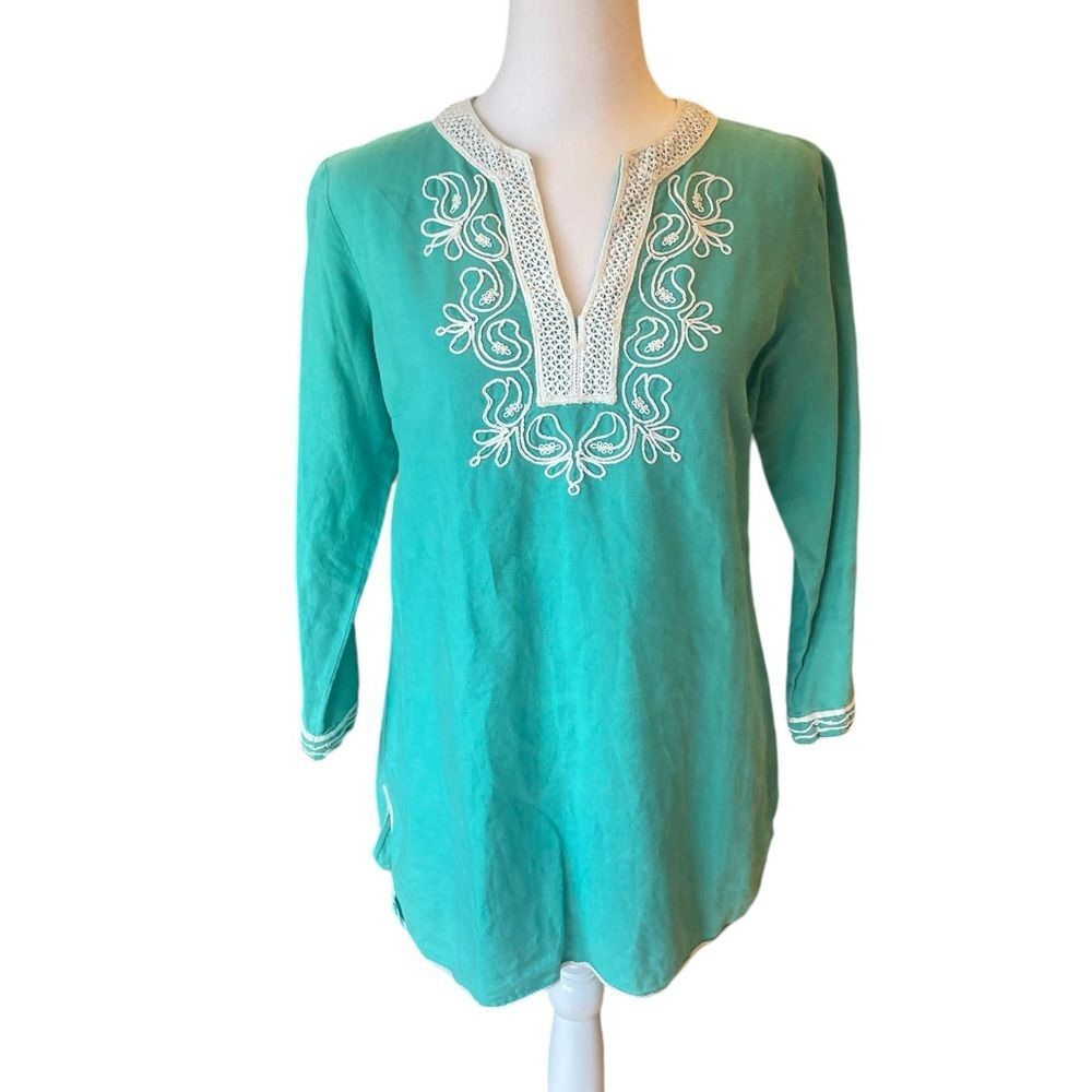 Brooks Brothers Linen Blend Tunic Top Teal And White Embroidery Womens Small